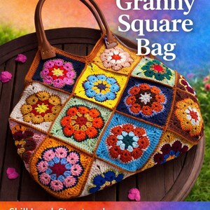 Könnte beinhalten: Eine handgefertigte Granny Square Tasche mit braunem Ledergriff. Die Tasche besteht aus gehäkelten Quadraten in verschiedenen Farben und floralen Mustern. Der Text auf dem Bild lautet "PDF Crochet Pattern" und "Granny Square Bag".