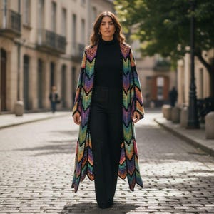 Long Coat Crochet Cardigan Pattern, Granny Stitch, Diamond colorful Batik | (English US-UK PDF) image 5