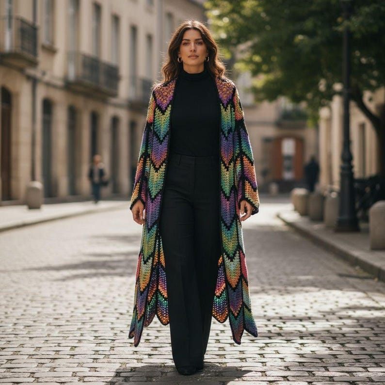 Long Coat Crochet Cardigan Pattern, Granny Stitch, Diamond colorful Batik | (English US-UK PDF) image 5
