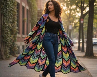 Long Coat Crochet Cardigan Pattern, Granny Stitch, Diamond colorful Batik  | (English US-UK PDF)