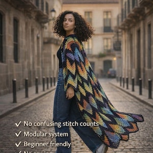 May include: A woman wearing a long, colorful crochet cardigan with a geometric pattern. The text on the image reads "WHY THIS PATTERN IS DIFFERENT" and lists features like "No confusing stitch counts" and "Beginner friendly."