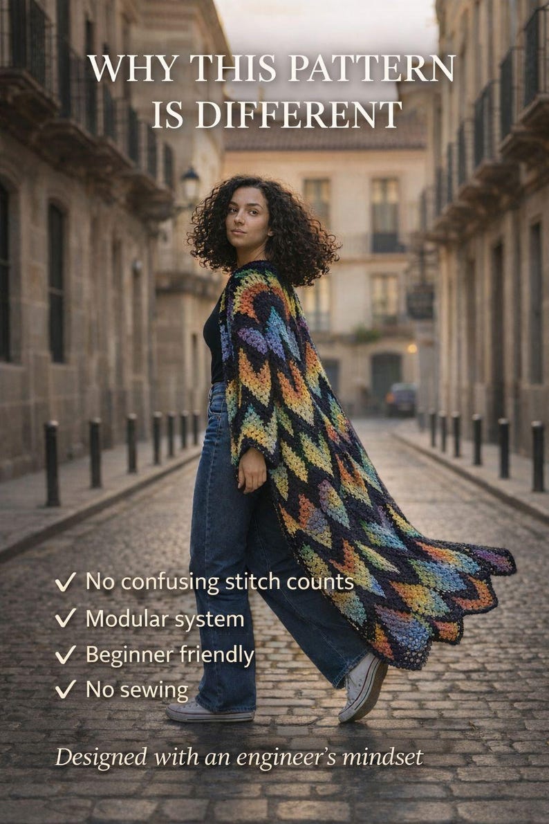 May include: A woman wearing a long, colorful crochet cardigan with a geometric pattern. The text on the image reads "WHY THIS PATTERN IS DIFFERENT" and lists features like "No confusing stitch counts" and "Beginner friendly."