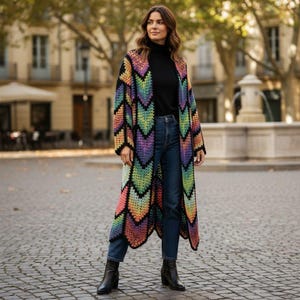 Long Coat Crochet Cardigan Pattern, Granny Stitch, Diamond colorful Batik | (English US-UK PDF) image 8