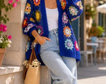 Crochet Floral Cardigan Pattern, Oversized Boho Sweater PDF (Instant Download)