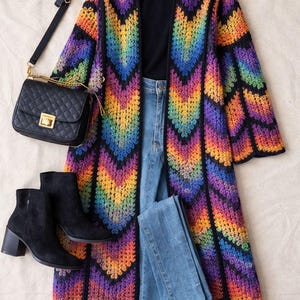 Long Coat Crochet Cardigan Pattern, Granny Stitch, Diamond colorful Batik | (English US-UK PDF) image 6