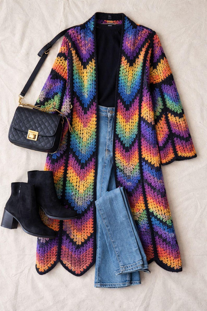 Long Coat Crochet Cardigan Pattern, Granny Stitch, Diamond colorful Batik | (English US-UK PDF) image 6