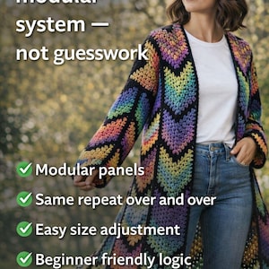 Long Coat Crochet Cardigan Pattern, Granny Stitch, Diamond colorful Batik | (English US-UK PDF) image 3