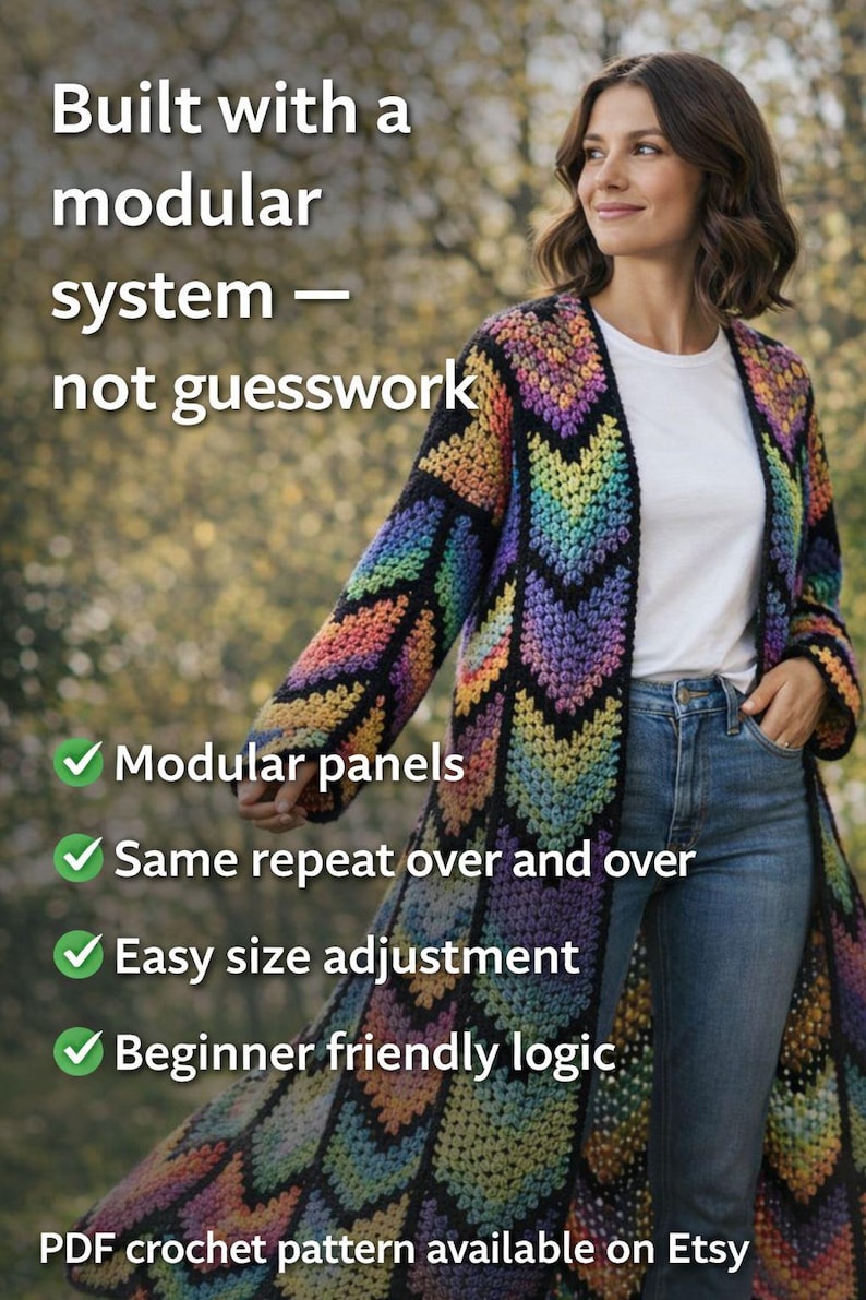 Long Coat Crochet Cardigan Pattern, Granny Stitch, Diamond colorful Batik | (English US-UK PDF) image 3
