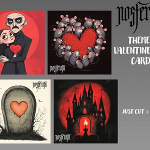 Digitale set van 4 NOSFERATU VALENTINES DAY-kaarten, Nosferatu-kaarten, afdrukbare valentijnskaarten, voor- en achterkant