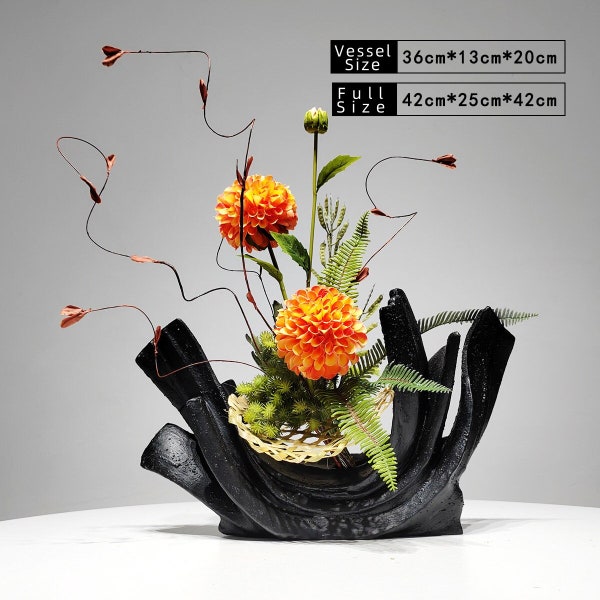 Flora Arrangement im japanischen Stil mit schwarzem Harzgefäß, Faux Hortensien Blume Herzstück Fake Decor, Ikebana