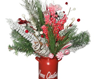 Candy Cane Christmas Tabletop Decor | Red Milk Can Arrangement
