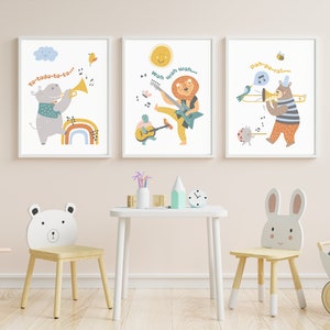 Jungle Animals Playing Instruments Printable | Set of 3 Nursery Wall Art Prints | Babyshower Gift