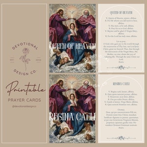 Può includere: Carte di preghiera stampabili con un dipinto della Regina del Cielo. Le carte sono di colore marrone chiaro con un bordo bianco. Il testo sulle carte è in bianco e nero. Il testo sulle carte include le parole "Regina del Cielo" e "Regina Caeli".