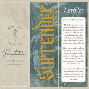 May include: A printable prayer card with a vintage illustration of a person surrendering to God. The card features the text "The Surrender Novena" and the words "Place your complete trust in Jesus."