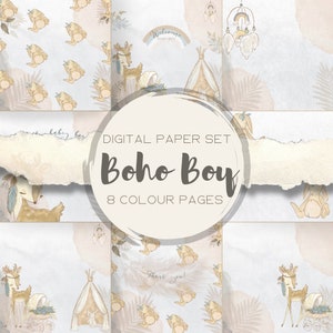 Boho Baby Boy Digital Paper, Seamless Patterns, Digital Paper Pack, Neutral, Scrapbook, For Boy, Nursery Background, Vintage, Baby Shower