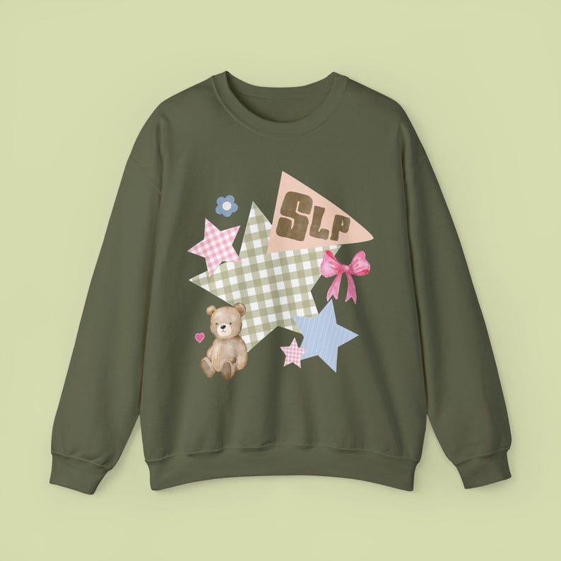 Speech Language Pathologist Patchwork Crewneck, SLP Shirt, Gift for Speech Therapist, Every Voice Matters Sweatshirt, Total Communication Military Green