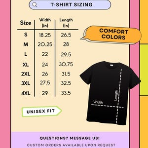 Puede incluir: Camiseta negra con tabla de tallas, ancho y largo en pulgadas. La tabla muestra tallas de la S a la 4XL, con medidas de 46,36 a 73,66 cm de ancho y de 67,31 a 85,09 cm de largo. Texto: "Comfort Colors" y "Unisex Fit".