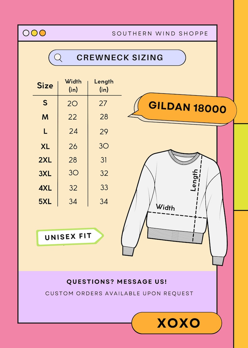 May include: A size chart for Gildan 18000 crewneck sweatshirts, showing unisex sizing in inches. The chart lists sizes from S to 5XL, with corresponding width and length measurements.
