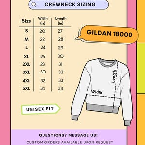 K&ouml;nnte beinhalten: Ein wei&szlig;es Crewneck-Sweatshirt mit Gr&ouml;&szlig;enangaben. Die Tabelle zeigt Gr&ouml;&szlig;en von S bis 5XL, mit Breiten von 50,8 bis 86,4 cm und L&auml;ngen von 68,6 bis 86,4 cm. Das Sweatshirt ist mit "GILDAN 18000" gekennzeichnet und ist ein Unisex-Modell.