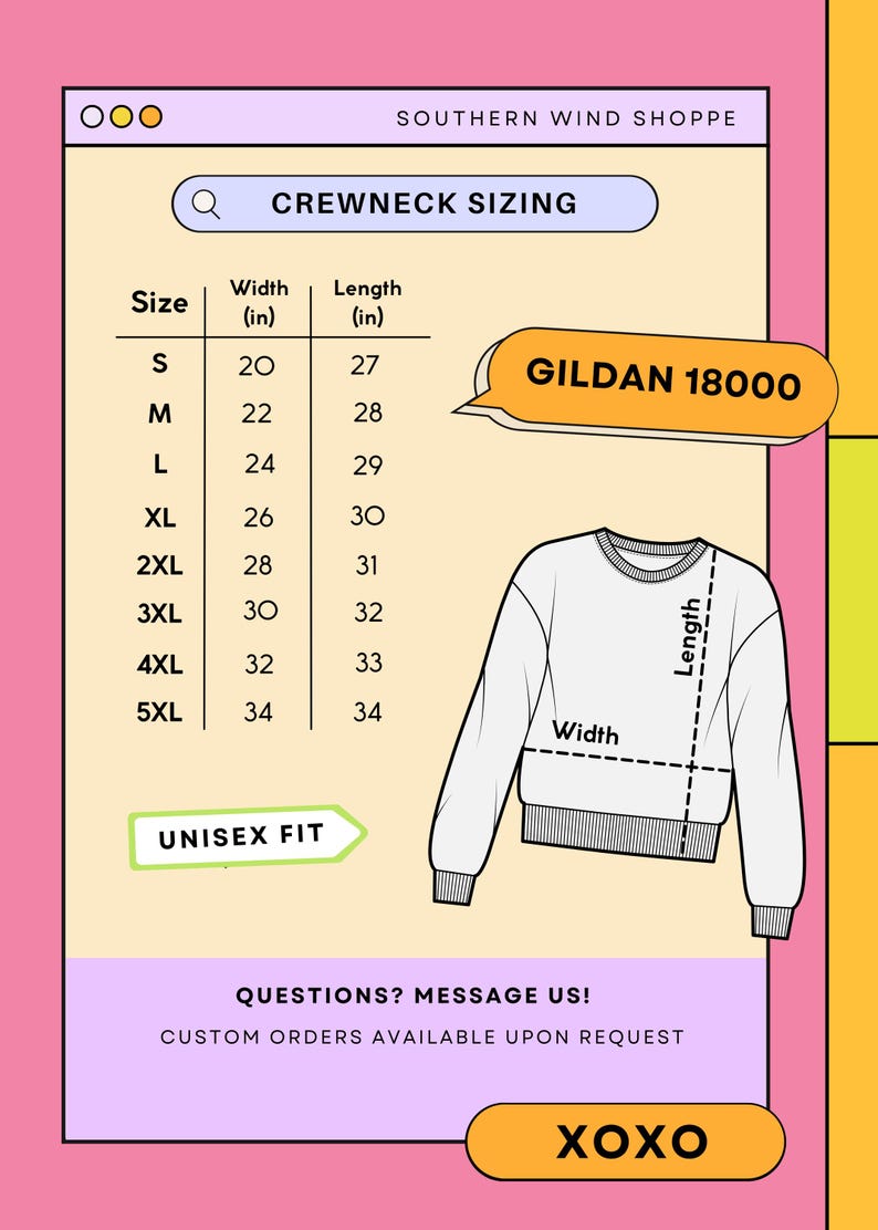 K&ouml;nnte beinhalten: Ein wei&szlig;es Crewneck-Sweatshirt mit Gr&ouml;&szlig;enangaben. Die Tabelle zeigt Gr&ouml;&szlig;en von S bis 5XL, mit Breiten von 50,8 bis 86,4 cm und L&auml;ngen von 68,6 bis 86,4 cm. Das Sweatshirt ist mit "GILDAN 18000" gekennzeichnet und ist ein Unisex-Modell.