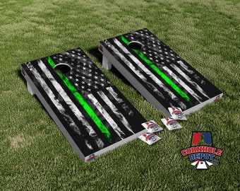 American Flag Smoky Black and White Thin Green Line Cornhole Board Vinyl Wrap Skins Laminated Sticker Set Decal