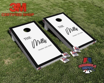 Custom Personalized White and Black Border Cornhole Board Vinyl Wrap Laminated Set