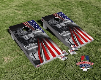 Eine Nation unter Gott Christian Jesus Amerikanische Flagge Cornhole Board Vinyl Wrap Skins Laminierter Aufkleber Set Aufkleber
