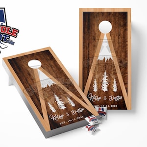 Tablero de cornhole personalizado de madera de montañas alpinas, vinilo laminado, juego de calcomanías, calcomanías personalizadas para aniversario, cumpleaños, boda, regalos