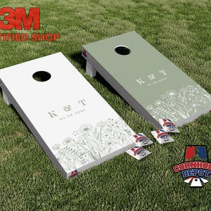 Custom Wedding Personalized Name Flowers White and Sage Cornhole Board Vinyl Wrap Skins Laminated Sticker Set Decal Anniversary Wedding Gift