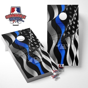 American Flag Wavy Black and White Thin Blue Line Cornhole Board Vinyl Wrap Skins Laminated Sticker Set Decal