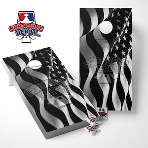 American Flag Wavy Black and White Cornhole Board Vinyl Wrap Skins Laminated Sticker Set Decal