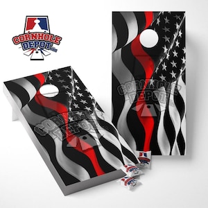 American Flag Wavy Black and White Thin Red Line Cornhole Board Vinyl Wrap Skins Laminated Sticker Set Decal