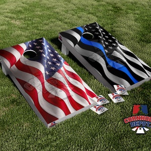 American Flag and Black and White Thin Blue Line Wavy Flag Split Set Cornhole Board Vinyl Wrap Skins Decal Set