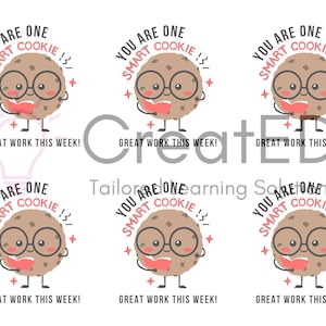 Puede incluir: Seis pegatinas circulares con un personaje de galleta de dibujos animados con gafas y un libro. El texto "YOU ARE ONE SMART COOKIE!" y "GREAT WORK THIS WEEK!" se muestra en cada pegatina.