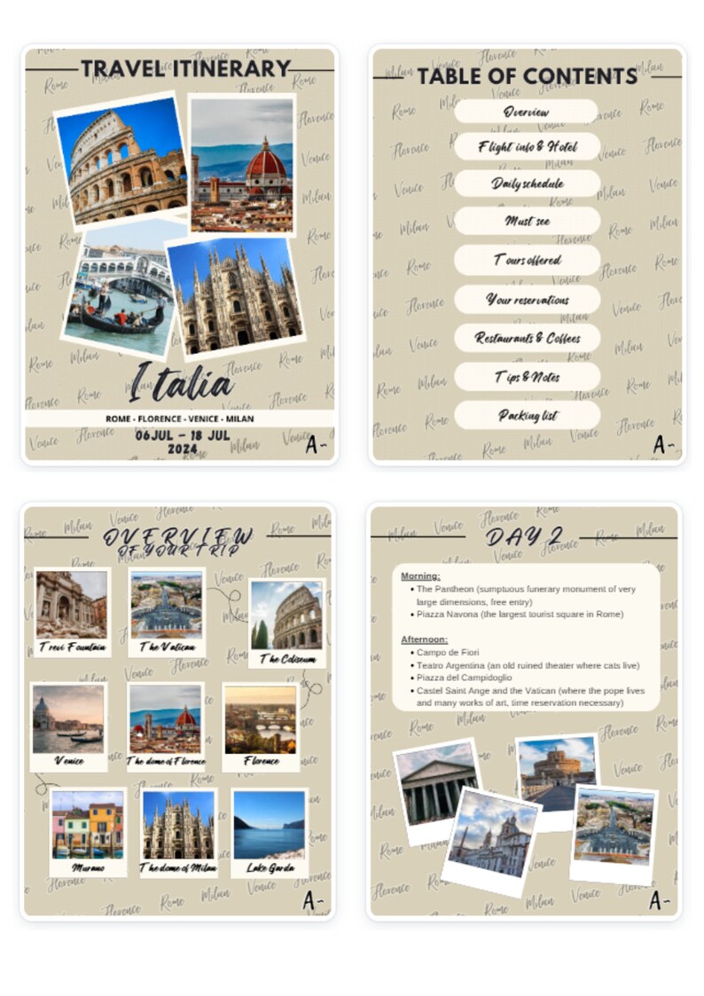 Travel Itinerary Template Italy Italy Travel Itinerary Printable Travel ...
