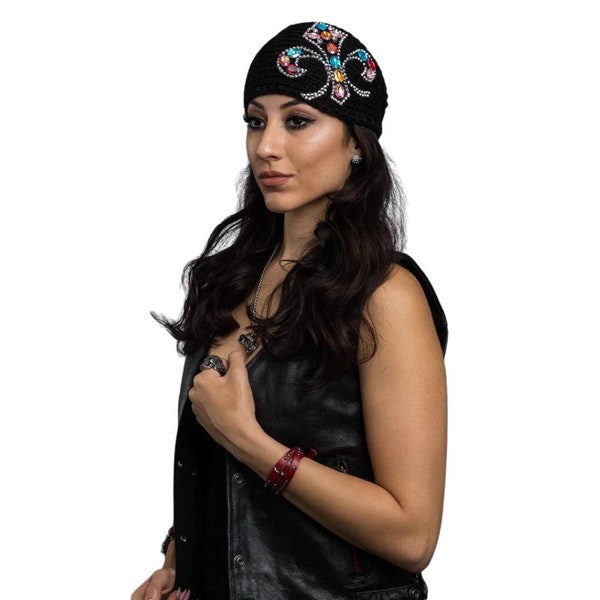 Bling Fleur De Lis Black Knit Headband | Cozy Winter Knit Headband | Acrylic and Wool Blend Headbands