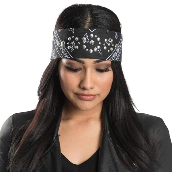 Black Paisley With High Frequency Gems Pre Sewn Bandana Headband | Biker Headband Headwrap