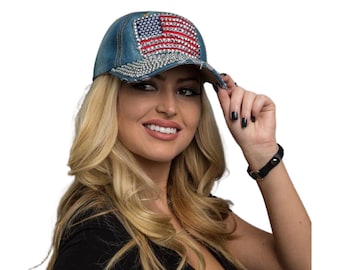 Bling Rhinestone  USA Flag Denim Hat | 3x2 inch Patch | Patriotic Rhinestone Hat | USA Flag Hat