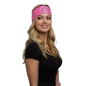 Pink Cancer Ribbon Women&#39;s Motorcycle Headband | Athletic Headband with Inner Elastic Bandana  | Biker Presewn Bandana Headbands