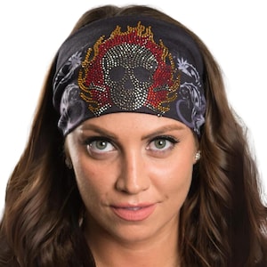 Flaming Skull Stone Gems EZ Bandz | Biker Headband Headwrap | Flaming Skull Bandana | Biker Rhinestone Headwrap
