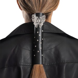 Metal Butterfly and Rhinestones 8&quot; Hair Glove | Biker Ponytail Hair Glove| No Slip Ponytail Hair Wrap | Ponytail Hair Glove