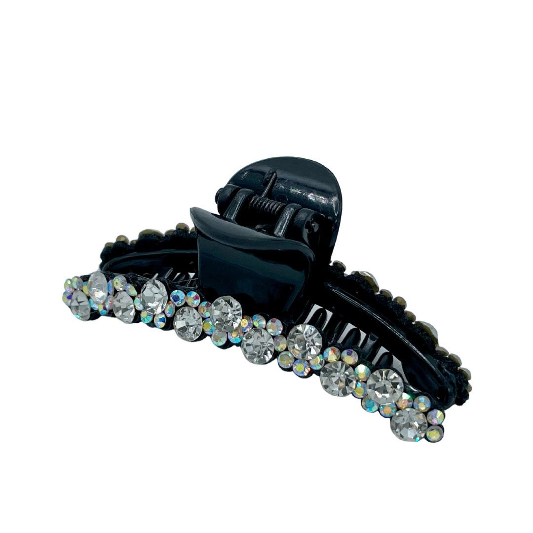 Classic Hardware hair jewelry clips set of two black and clear rhinestones Two Vintage Hair Clips , Double Flowers , Black With Clear  main image 4