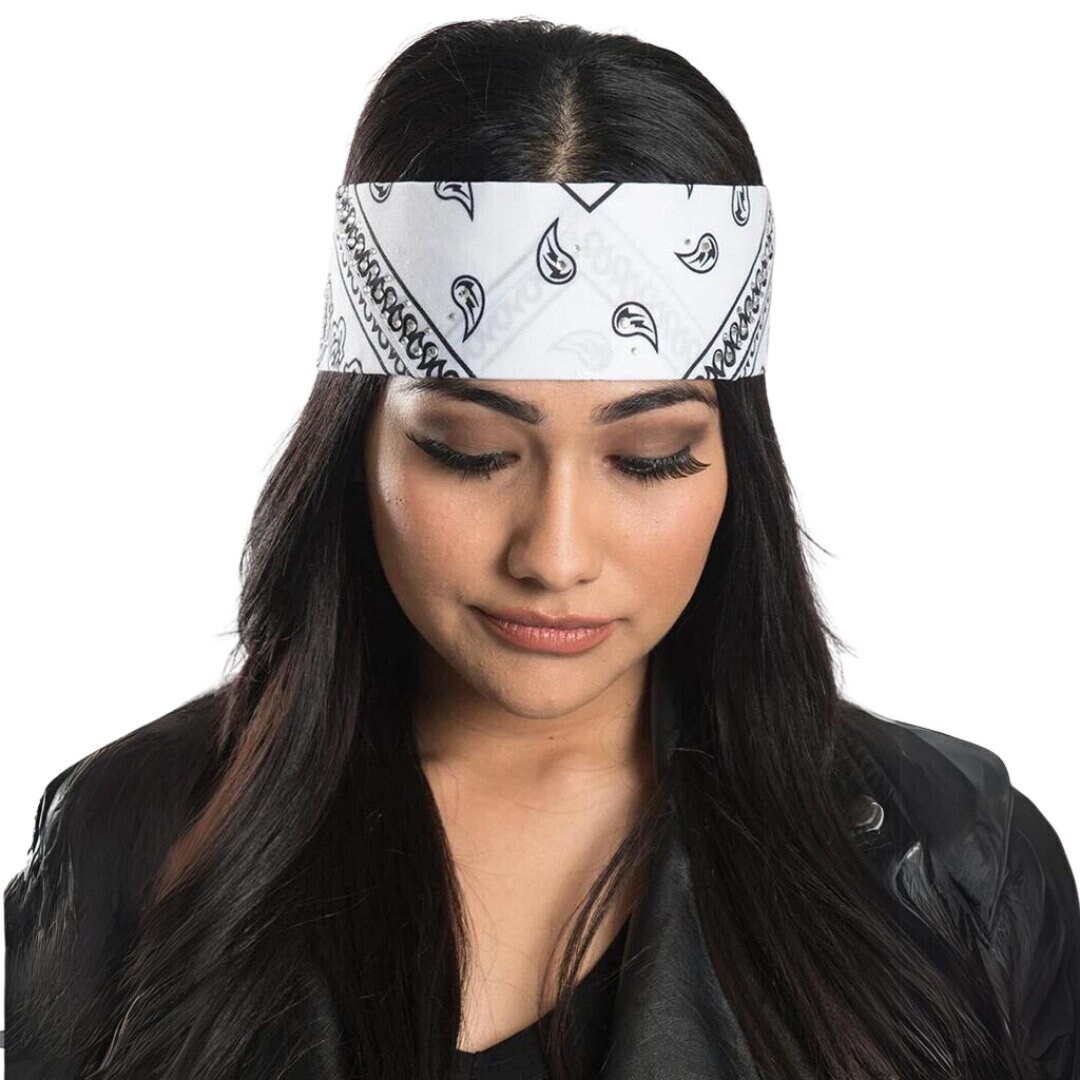 White Paisley With Gems Pre Sewn Bandana Headband | Biker