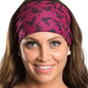Hot Pink Butterflies Women&#39;s Motorcycle Headband | Athletic Headband Elastic Bandana  | Wide Twisted Stretchy Headbands
