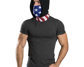 Neck Gaiter Face Mask Polyester Cotton Blend | American Flag Red White and Blue | Hand Made | All In One Hoodie and Mask