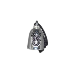 May include: Silver motorcycle bell with a detailed engine design. The bell has a black cord attached.