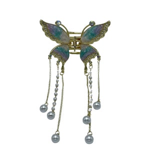 1" Bling Butterfly Jaw Clip Bling Gold Blue Butterfly 2" x 1.5" , 6" tassels (Pack of 3)