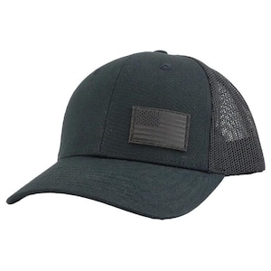 May include: A black trucker hat with a black leather American flag patch on the front. The hat has a mesh back.