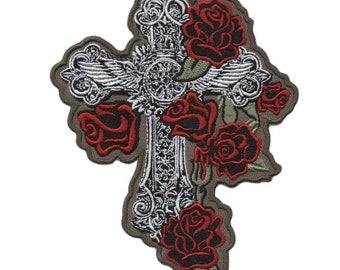 Gothic Cross With Roses Patch | Patch Glue on back 4.5"x5.7" | Embroidered Patch Rockabilly Biker Punk Patch