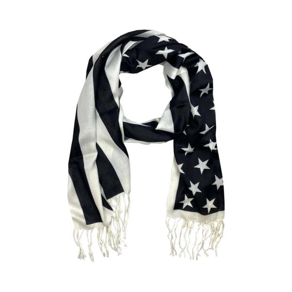 Black and White American Flag Scarf Stars and Stripes Long Scarf - Patriotic Design, 28"W x 72"L